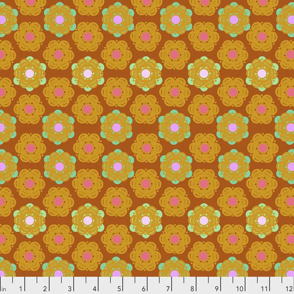 Fall floral mustard and pink cotton craft fabric in brown with stylized flowers in mustard yellow mint green and pink