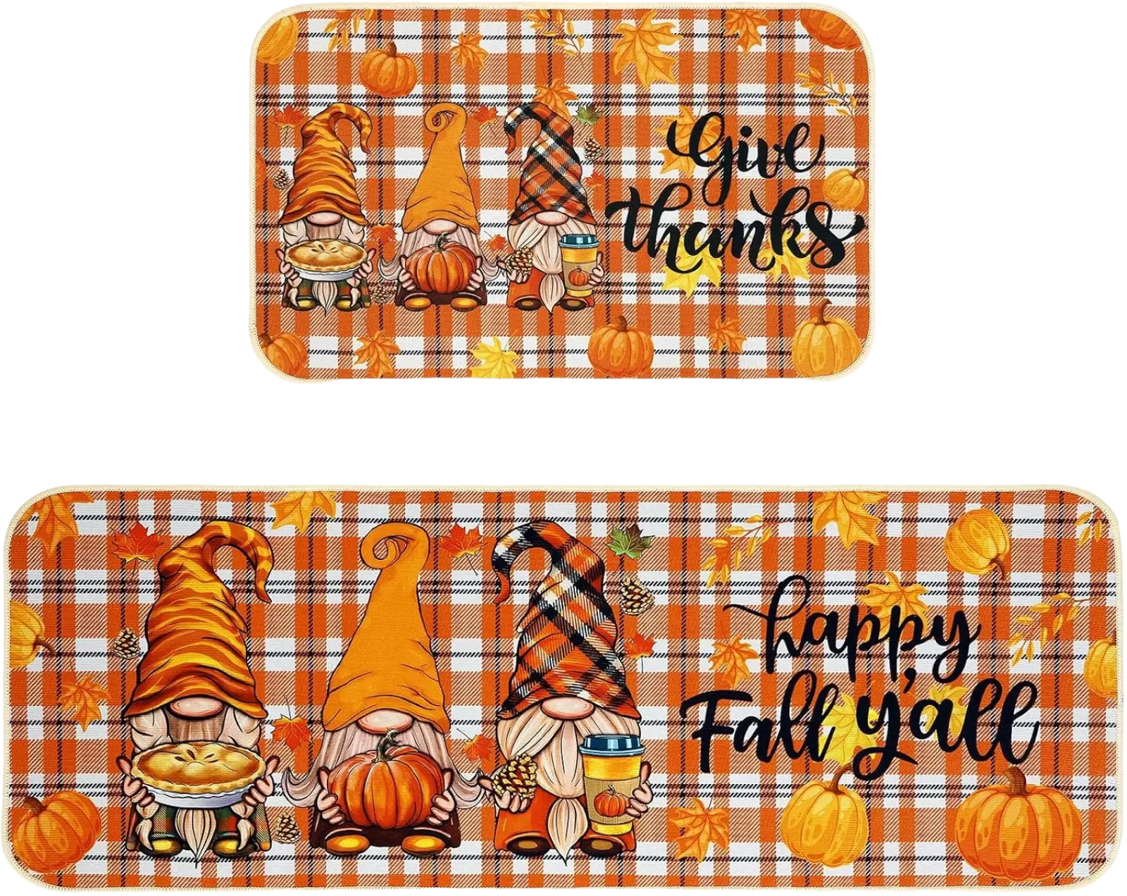 Orange and white plaid fall kitchen mat with three cartoon gnomes and autumn-themed accessories for thanksgiving