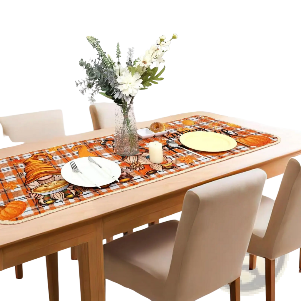 Orange and white plaid thanksgiving table runner with cartoon gnomes pumpkins and pies fall kitchen mats pack