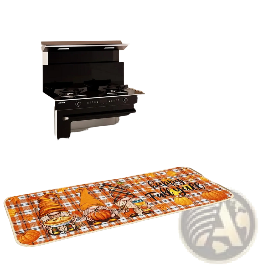 Orange and brown plaid thanksgiving kitchen mat with cartoon gnomes pumpkins and happy fall yall text in 2 pack set