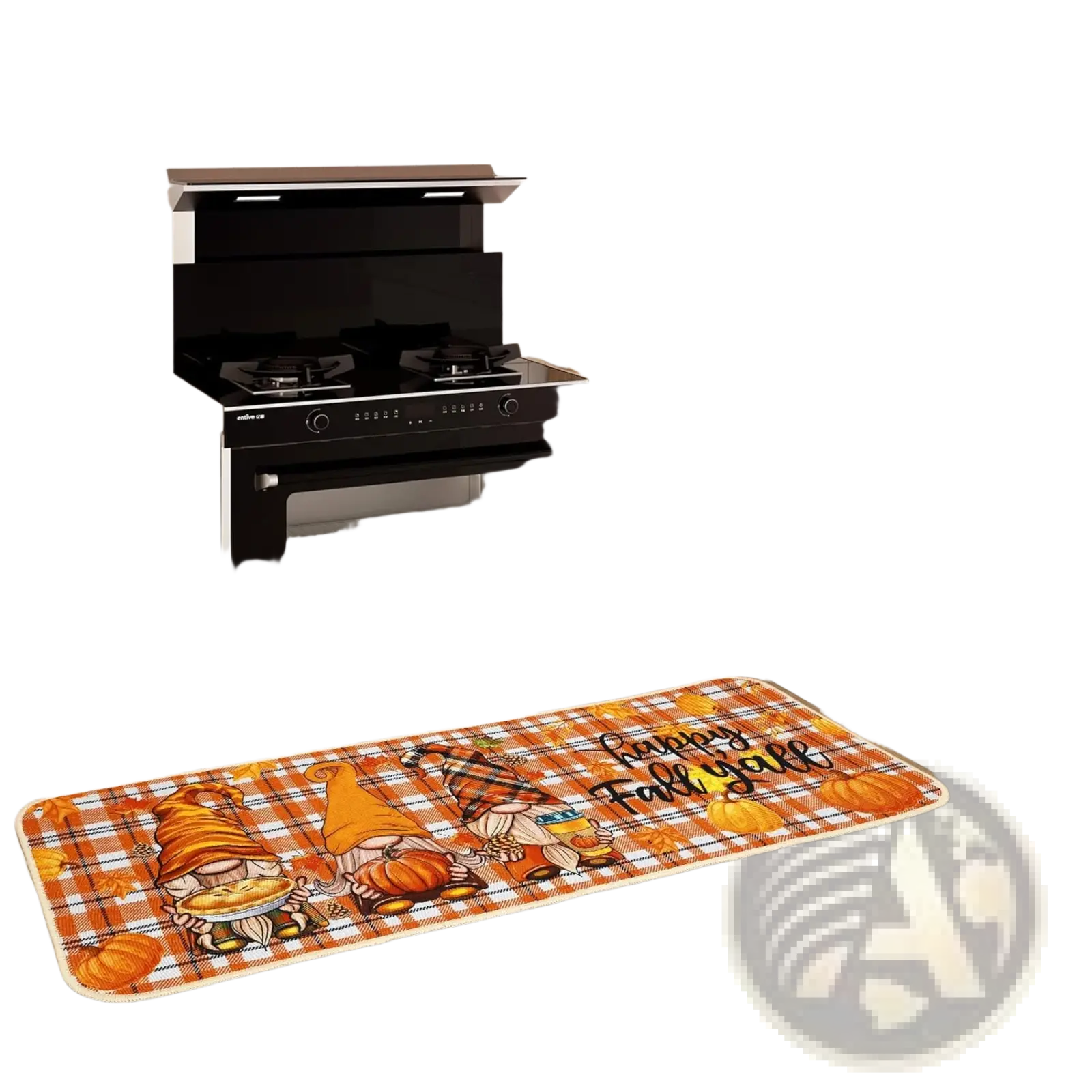 Orange and brown plaid thanksgiving kitchen mat with cartoon gnomes pumpkins and happy fall yall text in 2 pack set