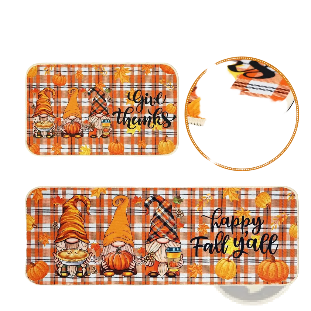 Orange and black plaid fall kitchen mats featuring three gnomes with pumpkins pie and drink and thanksgiving text
