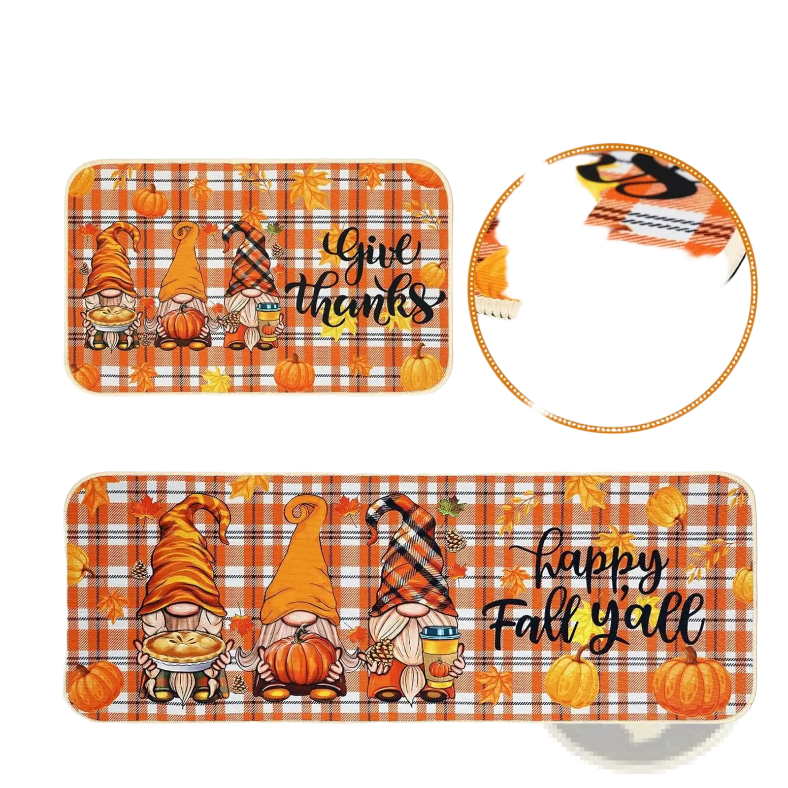 Orange and black plaid fall kitchen mats featuring three gnomes with pumpkins pie and drink and thanksgiving text