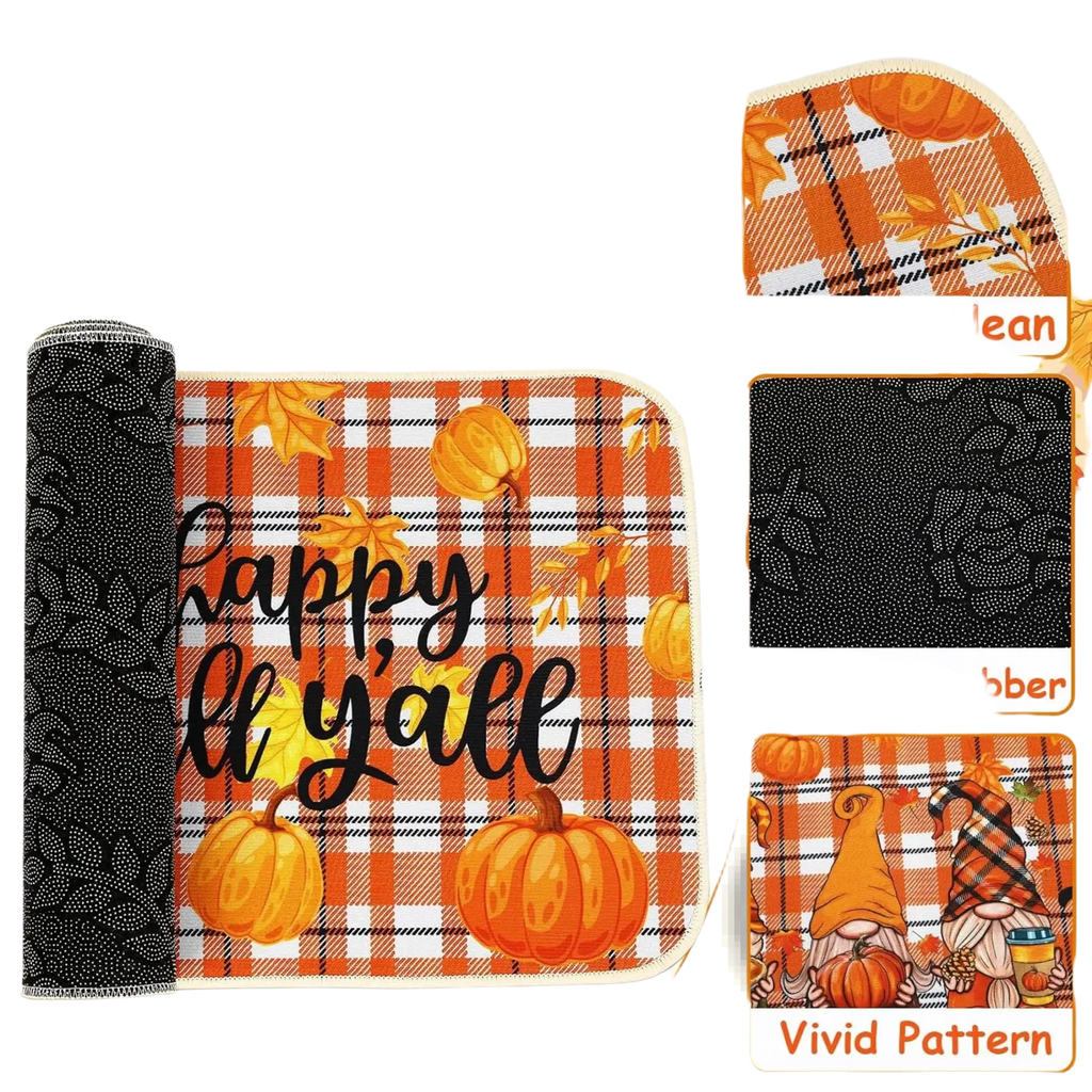 Fall kitchen mats 2 pack orange and white plaid with pumpkins gnomes and happy yall text for thanksgiving decor