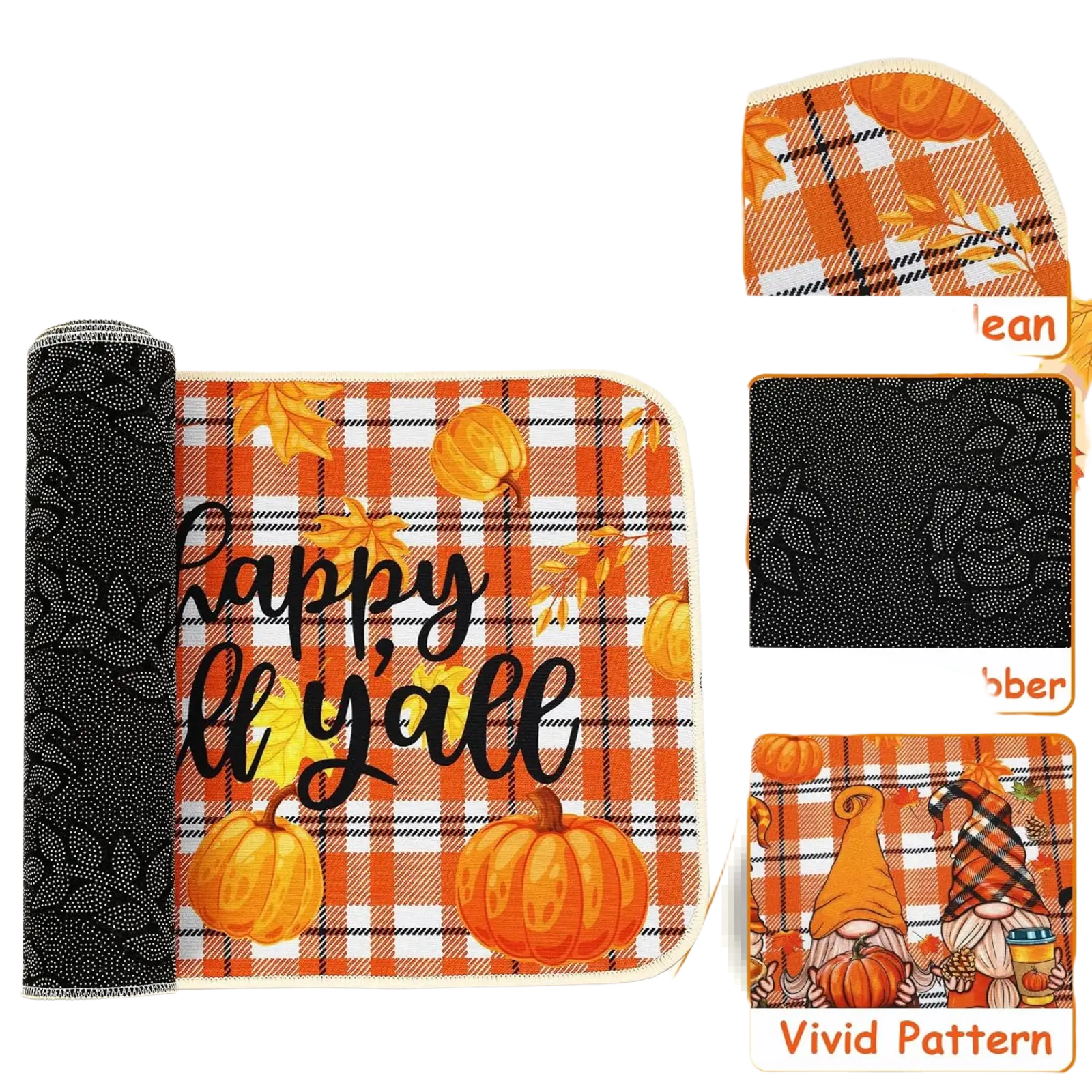 Fall kitchen mats 2 pack orange and white plaid with pumpkins gnomes and happy yall text for thanksgiving decor