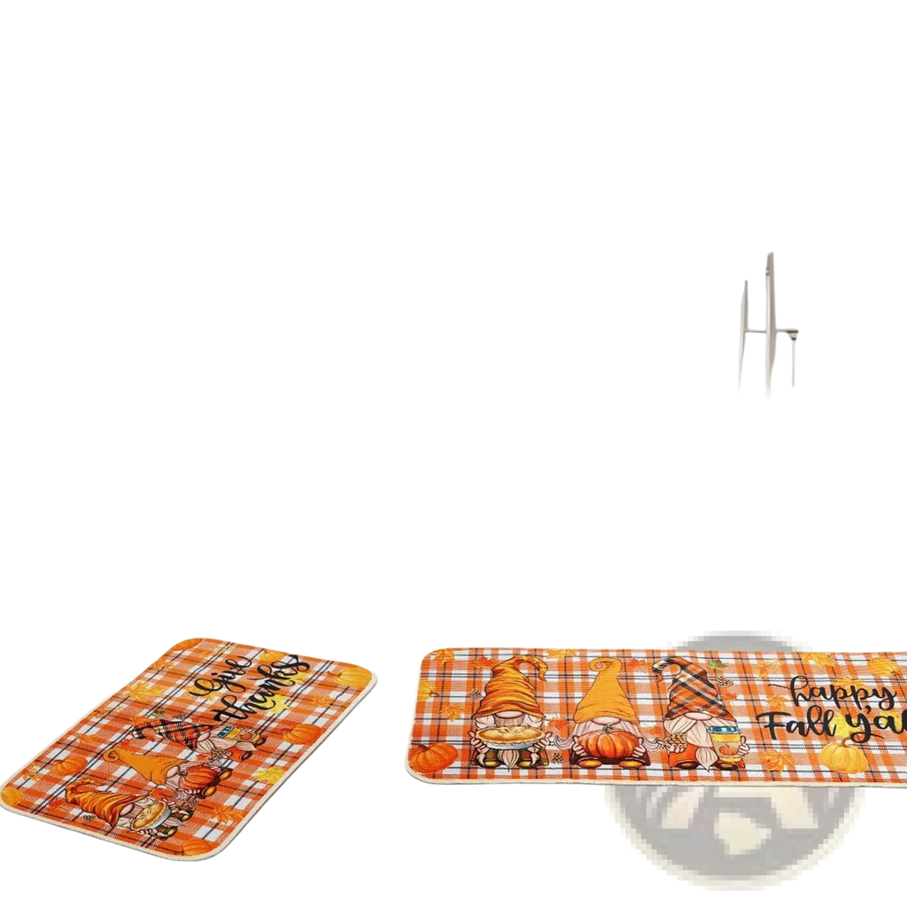 Orange and white plaid bath mats with cartoon gnomes holding pumpkins and fall-themed text for thanksgiving decor