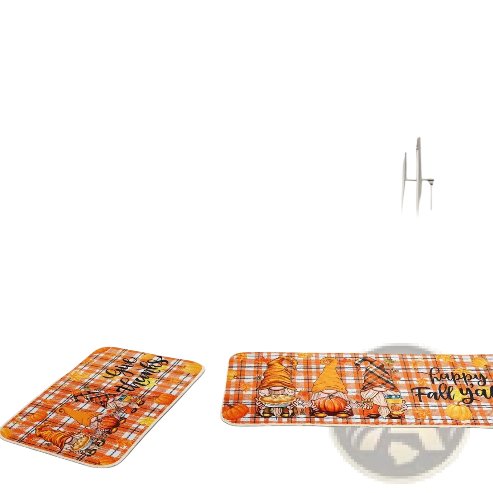 Orange and white plaid bath mats with cartoon gnomes holding pumpkins and fall-themed text for thanksgiving decor