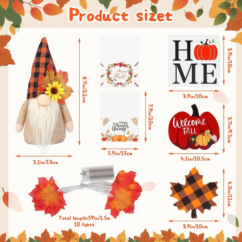 Plush autumn gnome with black and orange checkered hat white beard and yellow sunflower in fall tiered tray decor set with lights