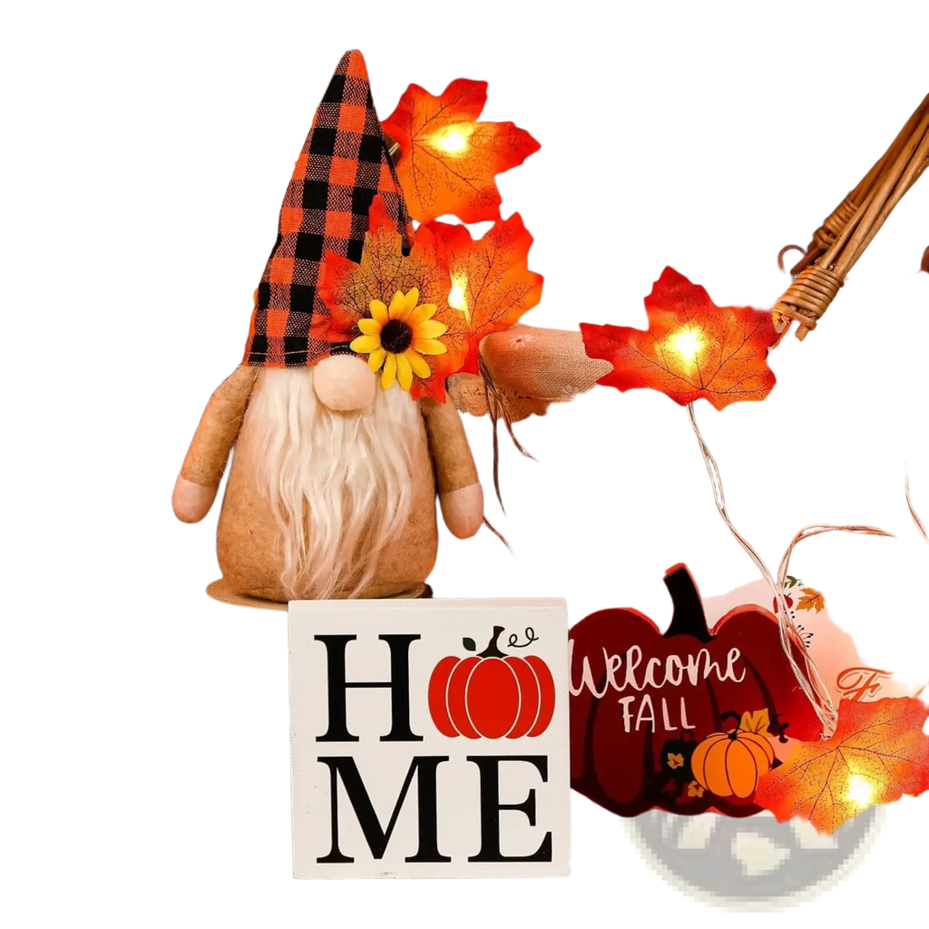 A plush autumn gnome with a black and orange plaid hat white beard and sunflower decoration in fall tiered tray decor set