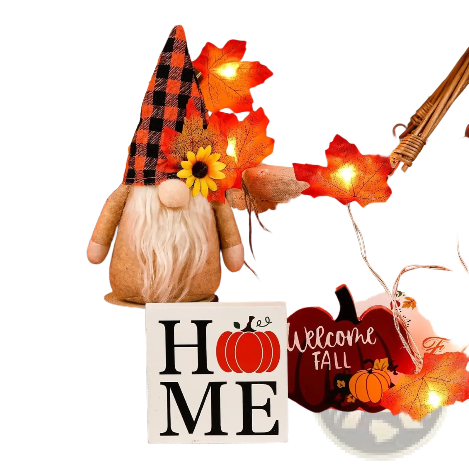 A plush autumn gnome with a black and orange plaid hat white beard and sunflower decoration in fall tiered tray decor set