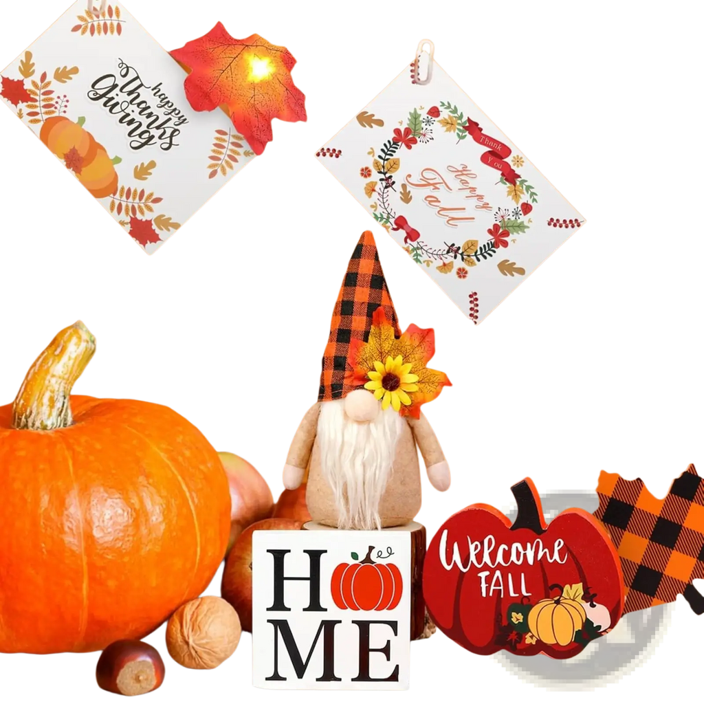 A plush gnome with a black and orange plaid hat and yellow sunflower in a fall tiered tray decor set with lights