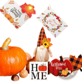 A plush gnome with a black and orange plaid hat and yellow sunflower in a fall tiered tray decor set with lights