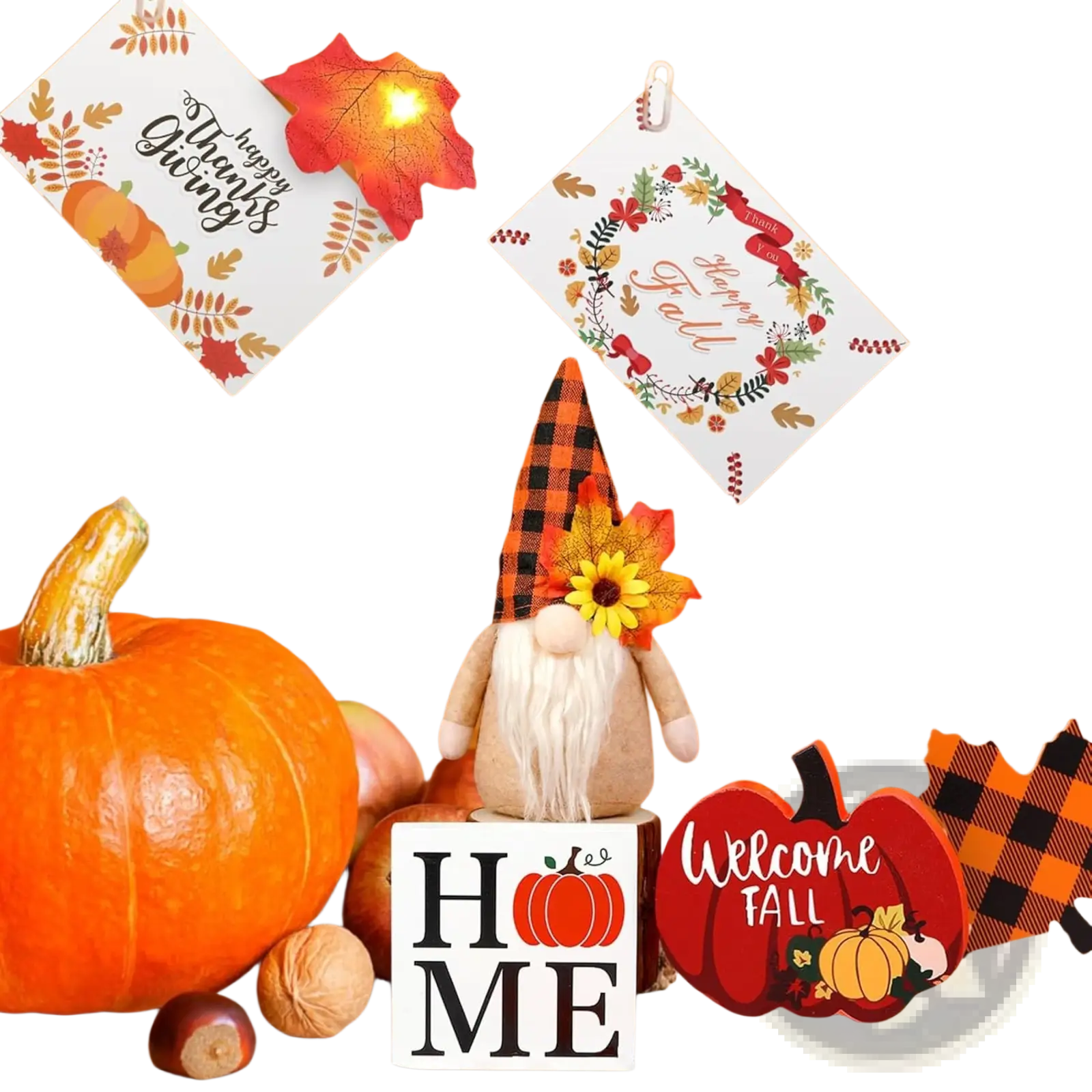 A plush gnome with a black and orange plaid hat and yellow sunflower in a fall tiered tray decor set with lights