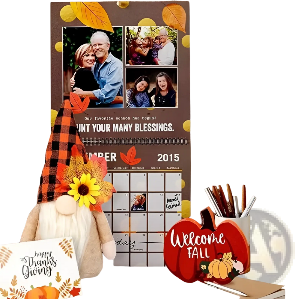 Brown fall themed calendar with photo collage and welcome fall text in fall tiered tray decor set with gnomes and lights
