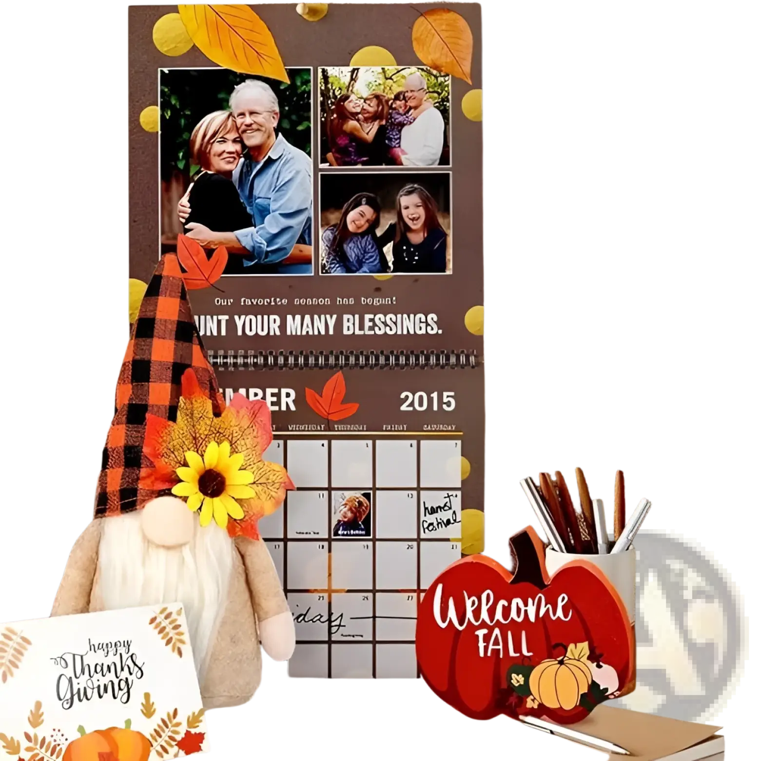 Brown fall themed calendar with photo collage and welcome fall text in fall tiered tray decor set with gnomes and lights