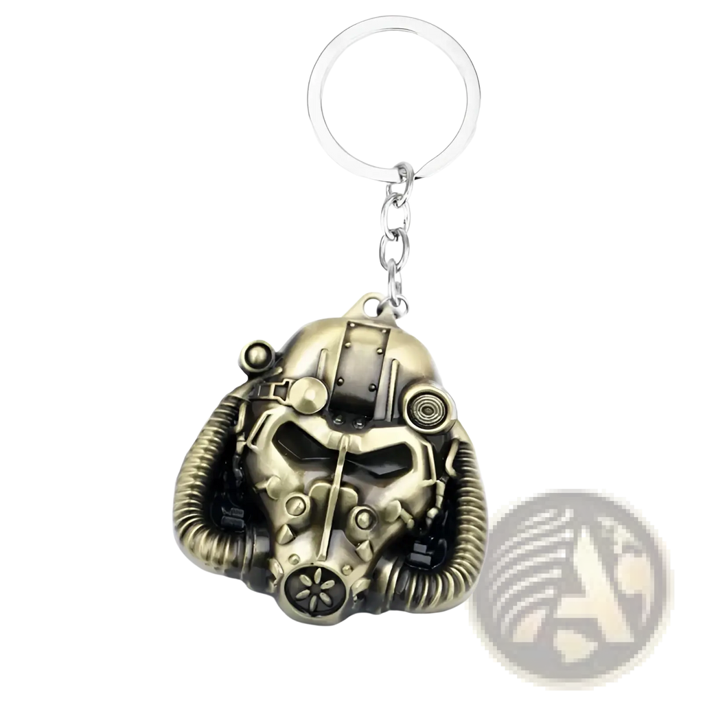 Bronze-colored intricately detailed fallout 4 power armor helmet keychain with silver metal ring and chain