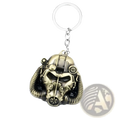 Bronze-colored intricately detailed fallout 4 power armor helmet keychain with silver metal ring and chain