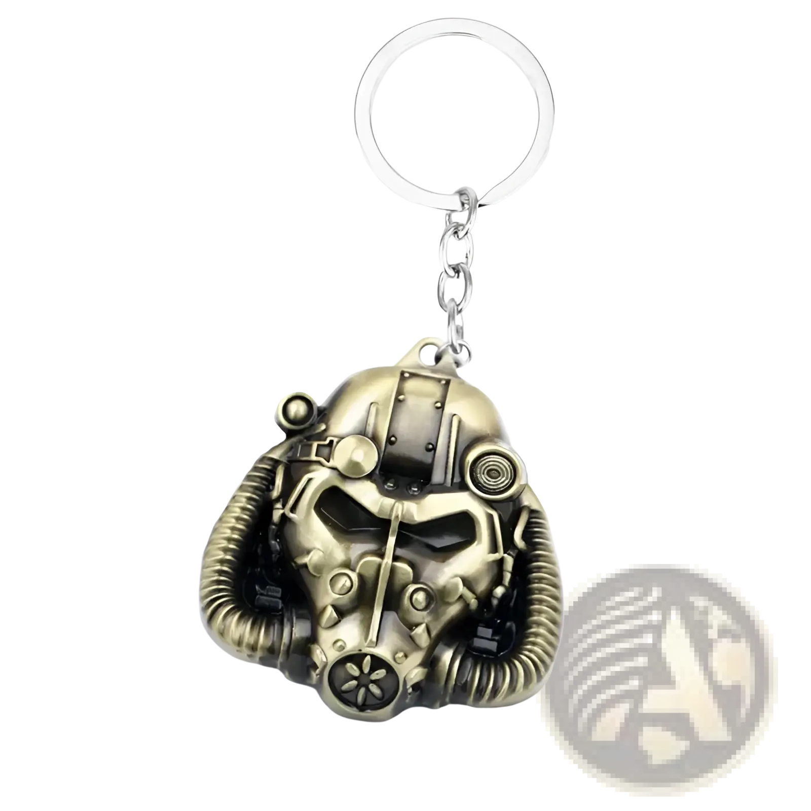 Bronze-colored intricately detailed fallout 4 power armor helmet keychain with silver metal ring and chain