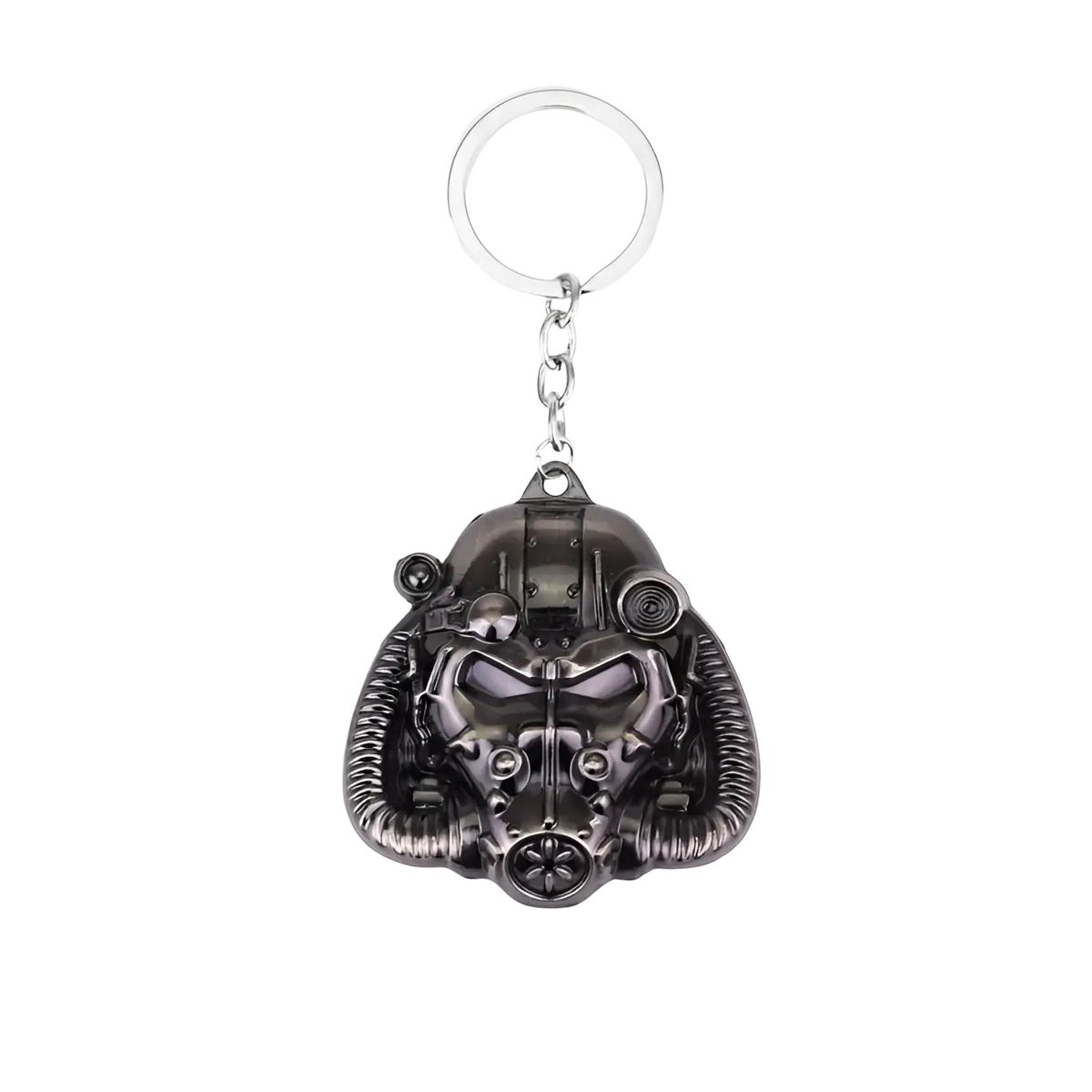 Dark gray metallic Fallout power armor helmet keychain featuring detailed Fallout 4 design for fans and collectors