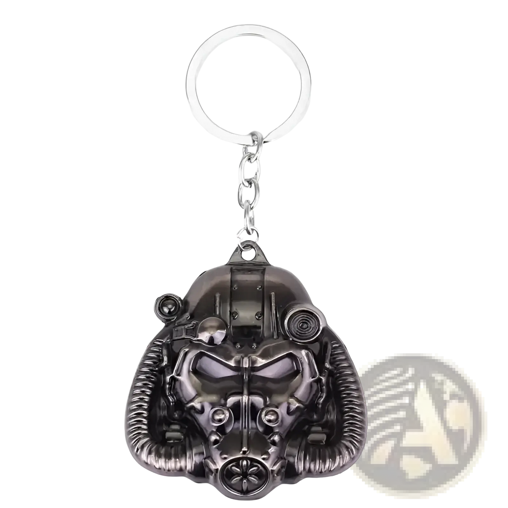 Dark gray metallic fallout power armor helmet keychain with intricate detailing and silver ring for keys