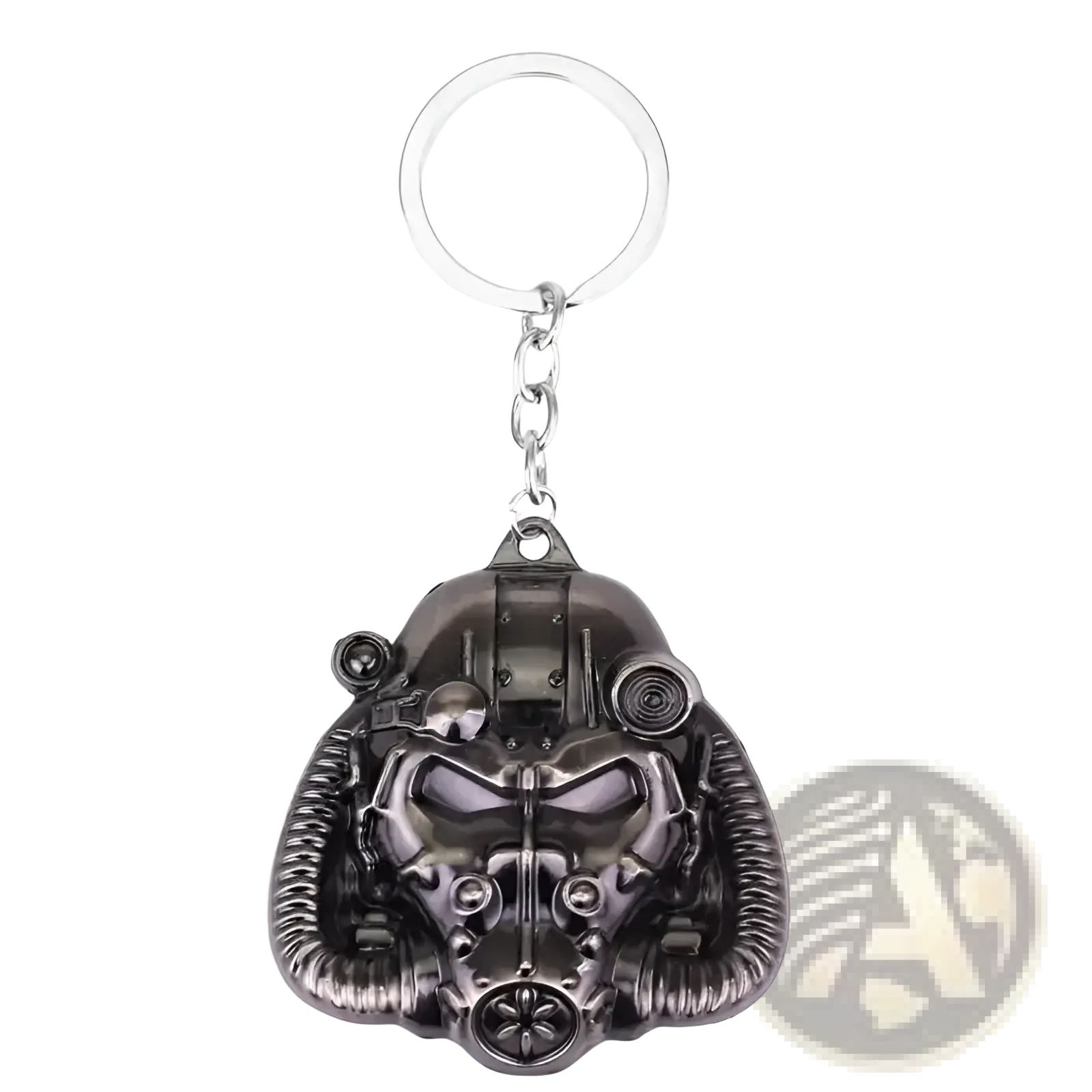 Dark gray metallic fallout power armor helmet keychain with intricate detailing and silver ring for keys