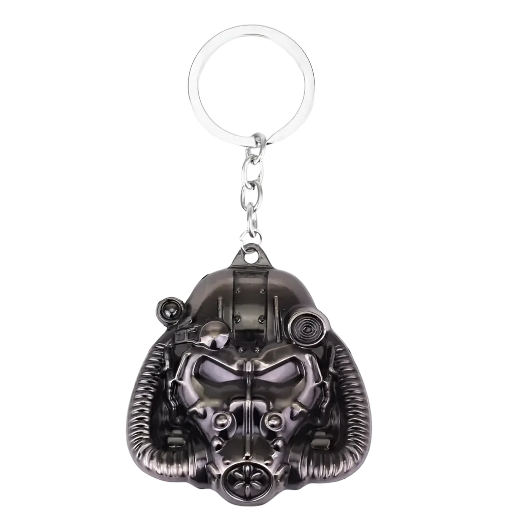 Dark gray metallic fallout power armor helmet keychain with intricate detailing and silver ring for keys