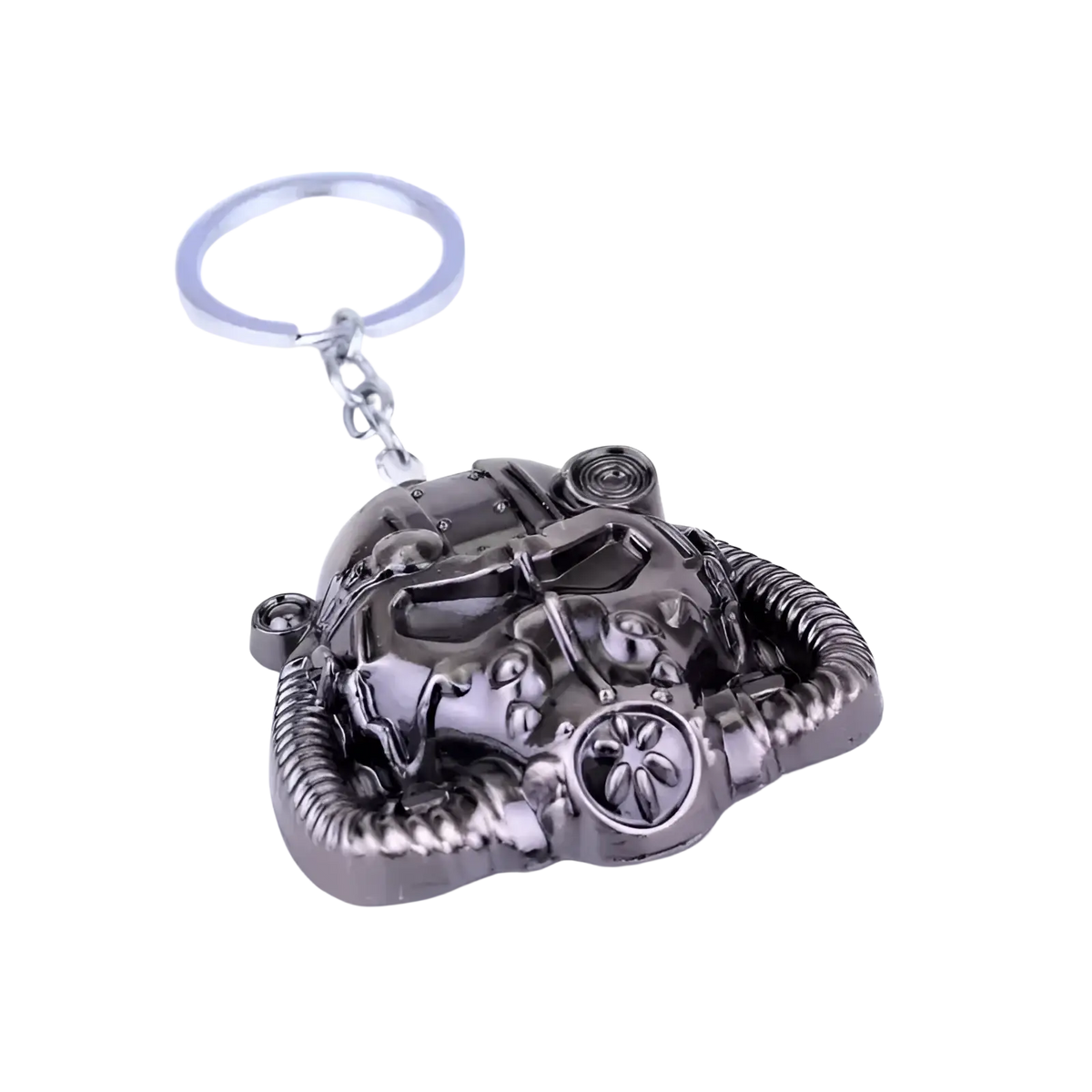Dark metallic Fallout power armor helmet keychain with detailed textured design, rivets, and mechanical features