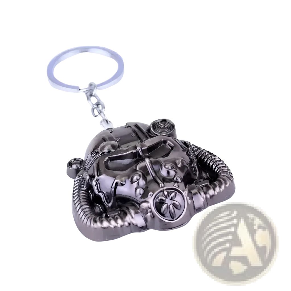 Dark metallic Fallout power armor helmet keychain with detailed textured design, rivets, and mechanical features