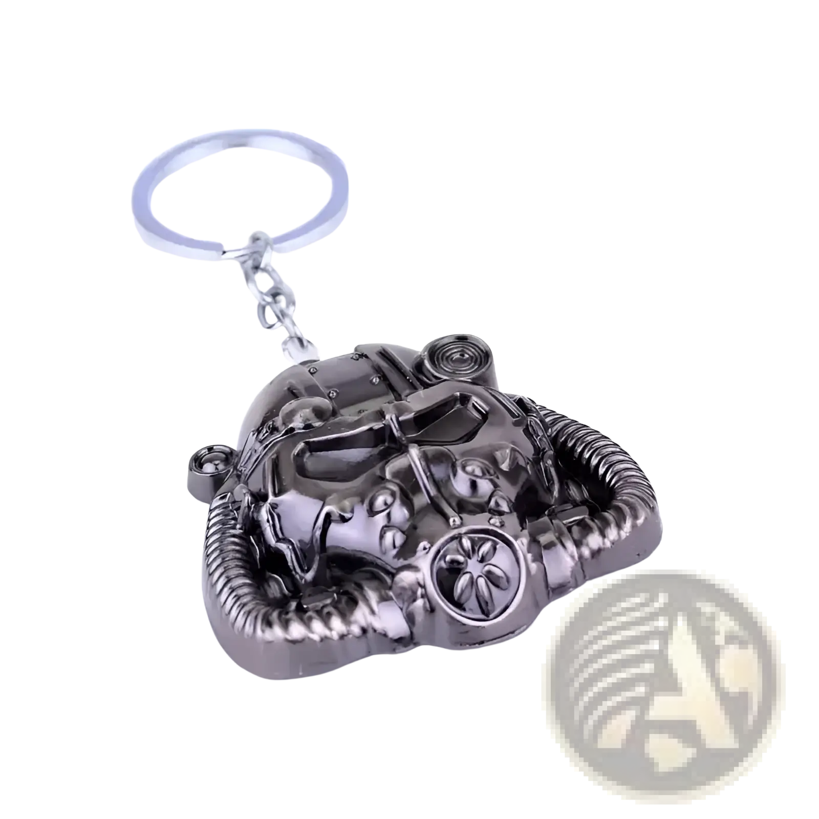 Dark metallic Fallout power armor helmet keychain with detailed textured design, rivets, and mechanical features
