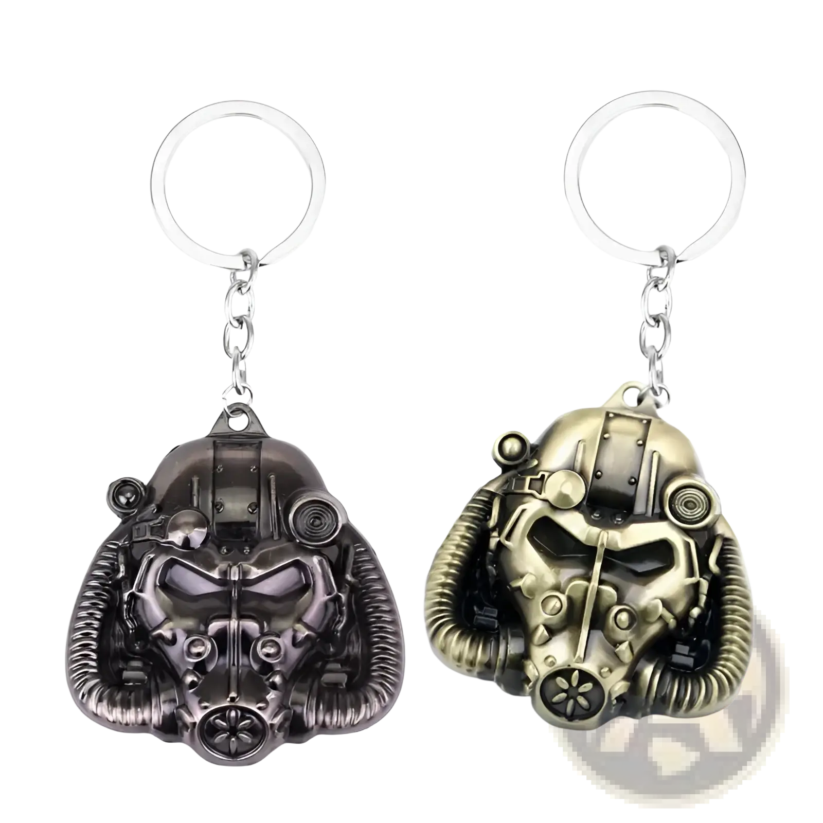 Two fallout power armor helmet keychains in dark metallic gray and bronze-colored metal for collectors and fans