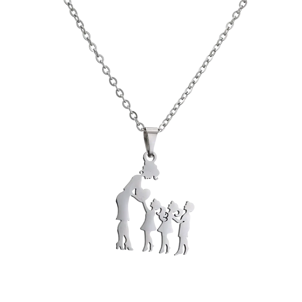 Silver family silhouette necklace in stainless steel with a delicate chain for personalized everyday wear
