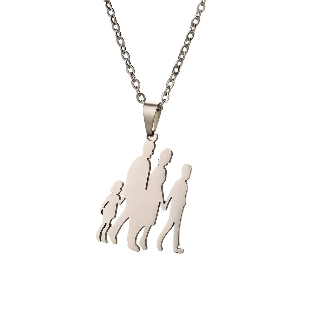 Silver family silhouette pendant on stainless steel chain showcasing a meaningful family necklace design