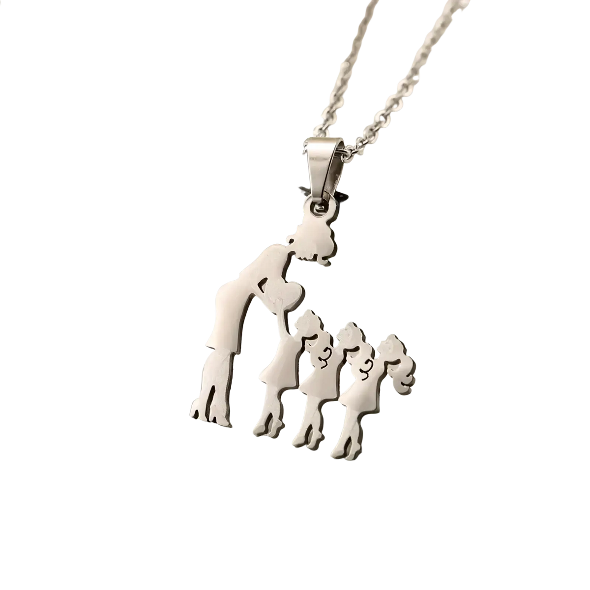 Silver stainless steel family silhouette necklace pendant featuring mother and three children design
