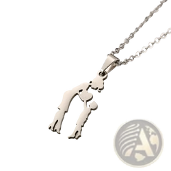 Silver stainless steel family silhouette necklace with minimalist cutout pendant of two embracing figures