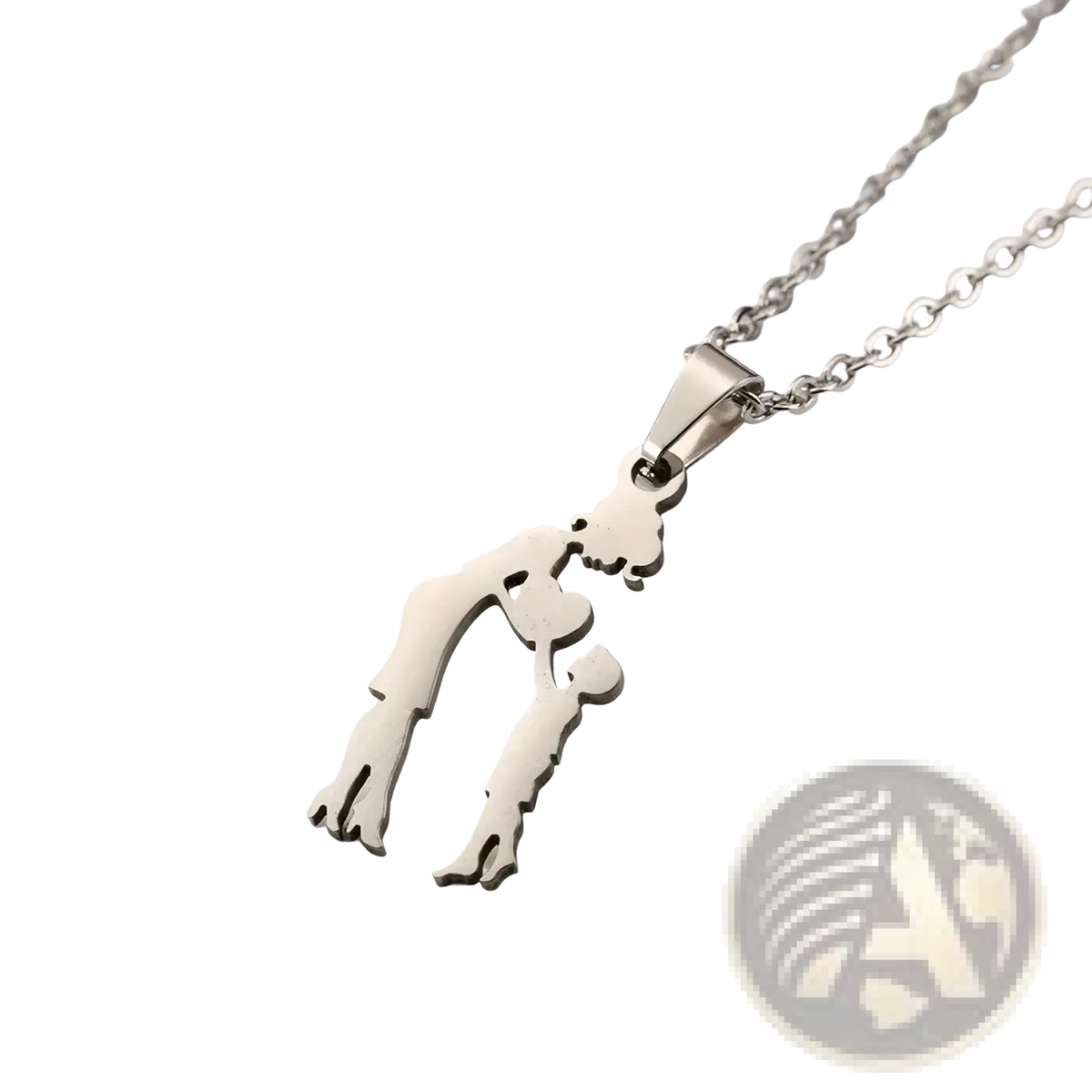 Silver stainless steel family silhouette necklace with minimalist cutout pendant of two embracing figures