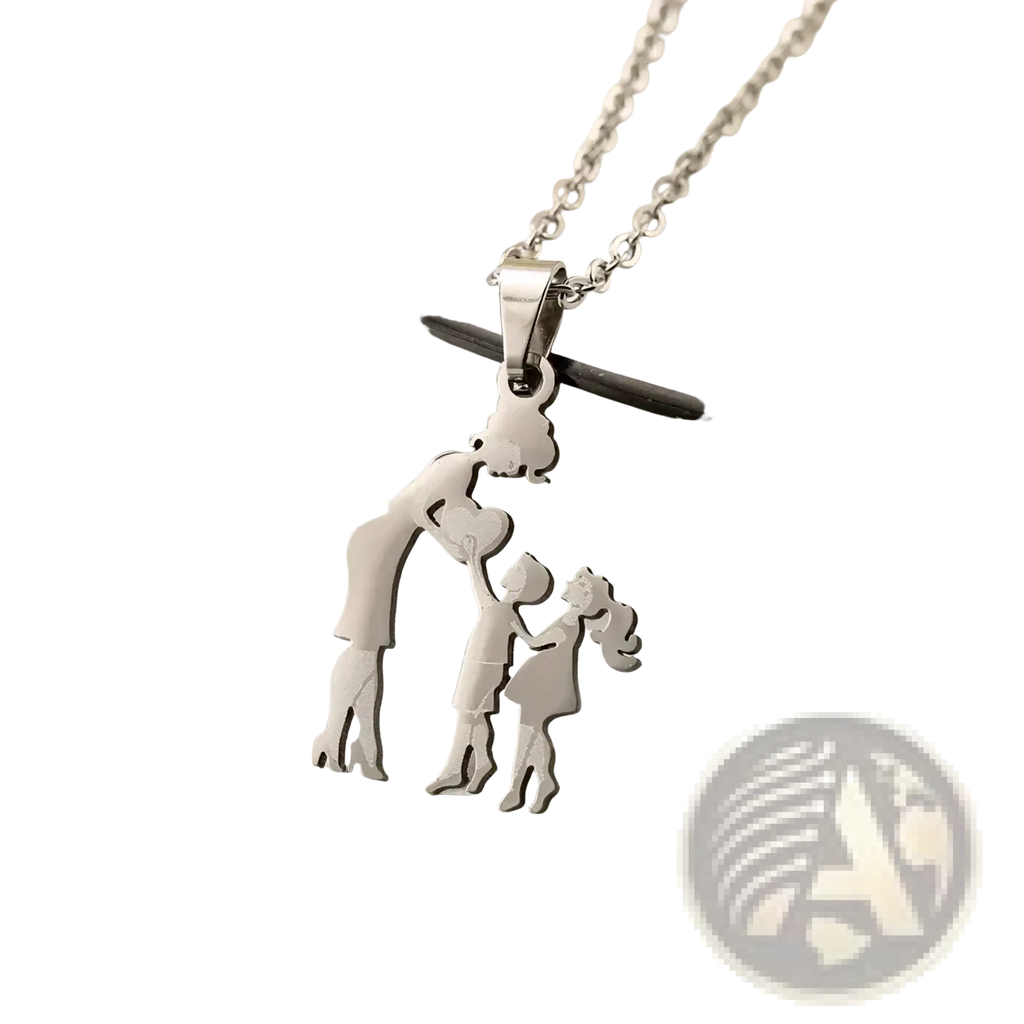 Silver stainless steel family silhouette necklace featuring a mother and child pendant with a minimalist design