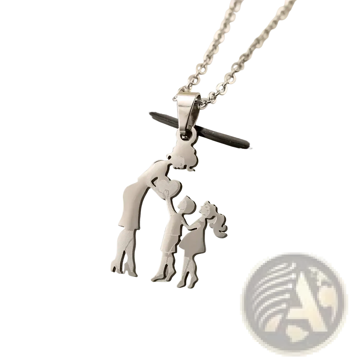 Silver stainless steel family silhouette necklace featuring a mother and child pendant with a minimalist design