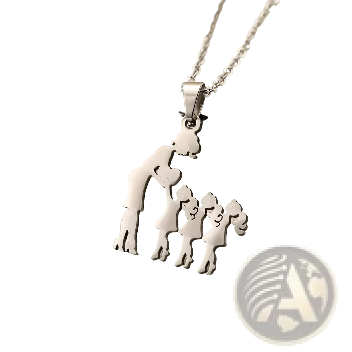 Silver stainless steel family silhouette necklace pendant featuring mother and three children design