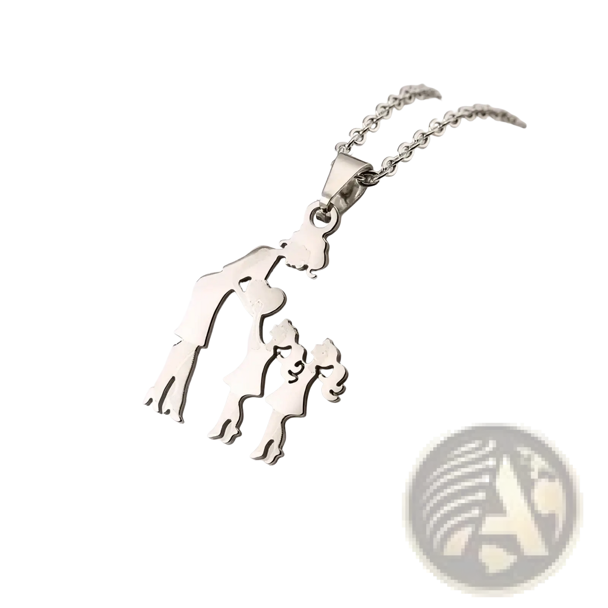 Silver stainless steel family silhouette pendant necklace featuring mother and two children on a delicate chain