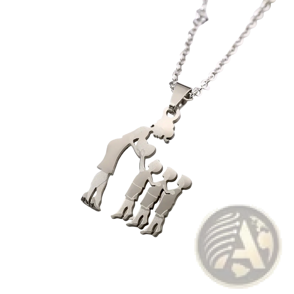 Silver stainless steel pendant necklace with a minimalist mother embracing three children family silhouette design