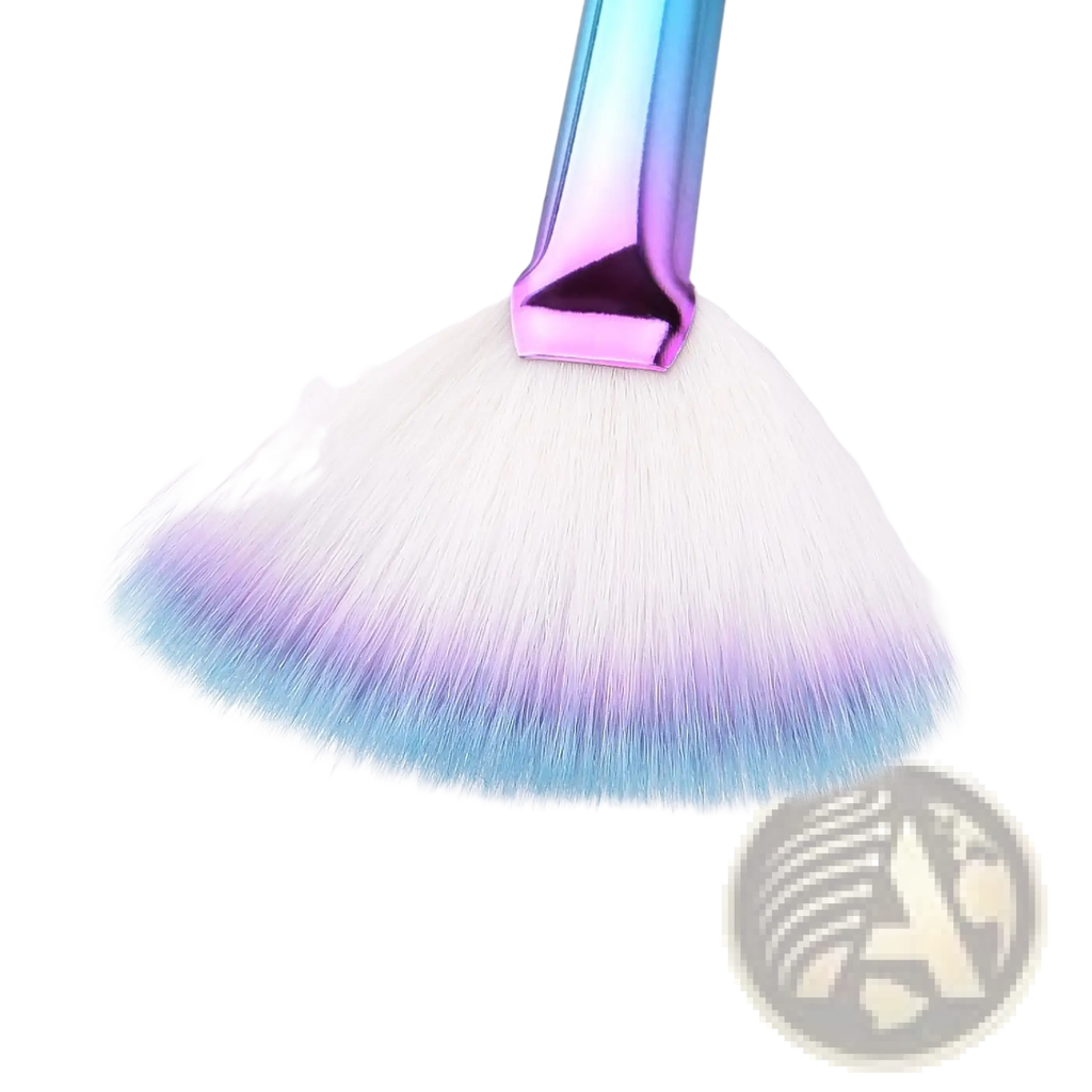 A sleek iridescent fan makeup brush with a blue to pink gradient handle and white bristles fading into purple and blue tips