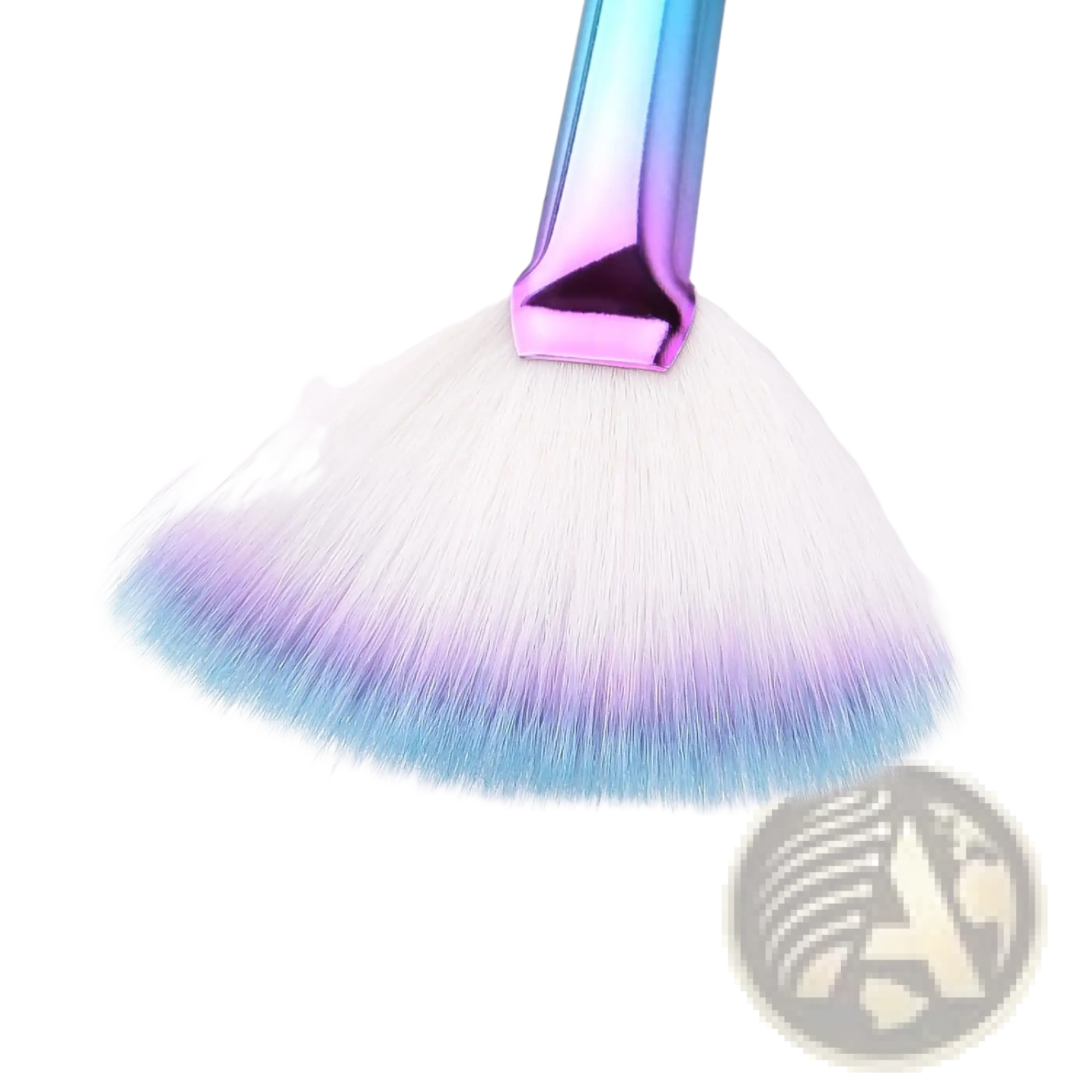 A sleek iridescent fan makeup brush with a blue to pink gradient handle and white bristles fading into purple and blue tips