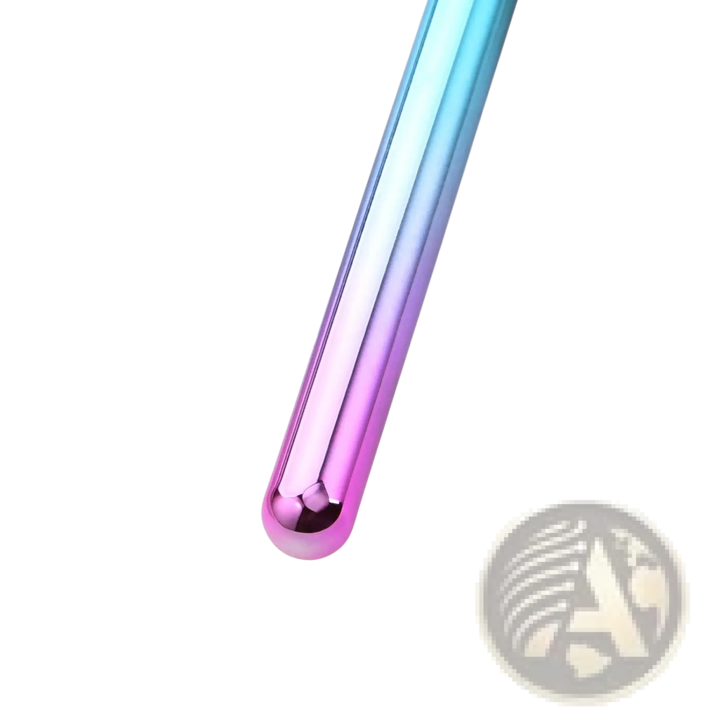Fan makeup brush set with a sleek metallic iridescent gradient handle transitioning from blue to pink in 3pc set