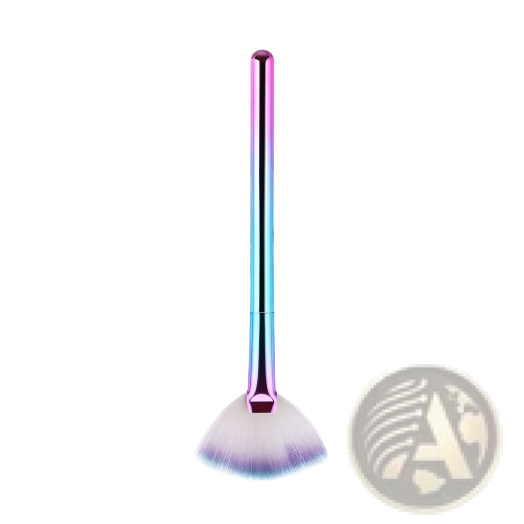 A sleek fan makeup brush with iridescent pink to blue gradient handle and soft white bristles tipped in purple