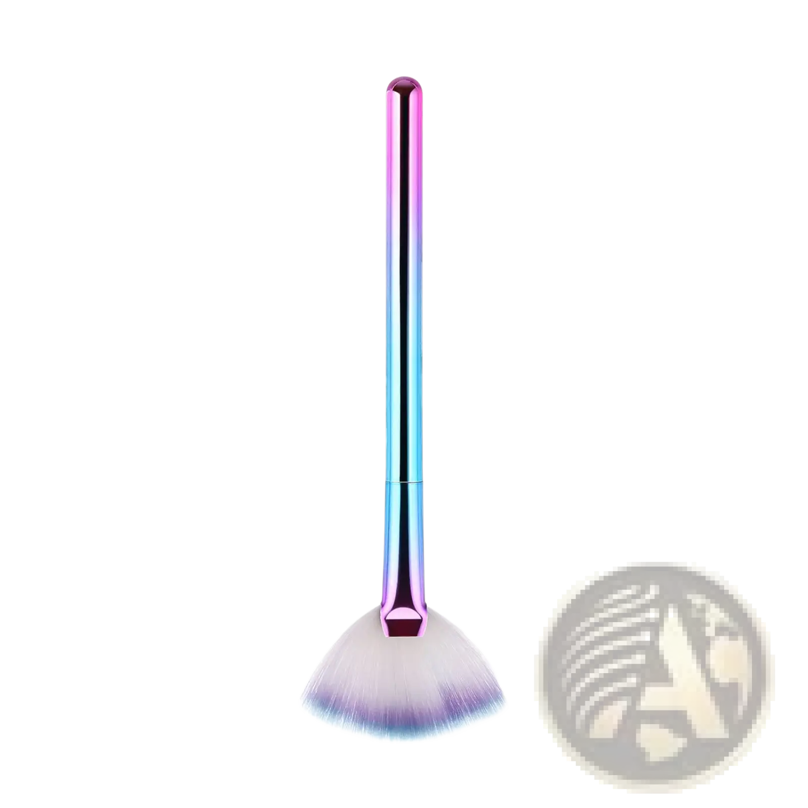 A sleek fan makeup brush with iridescent pink to blue gradient handle and soft white bristles tipped in purple