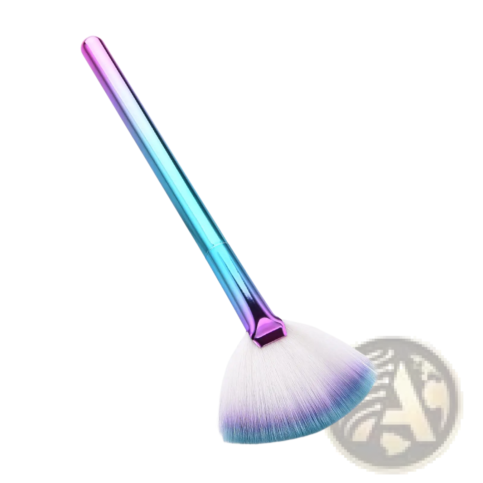 A vibrant iridescent fan makeup brush set with gradient purple to teal handle and white bristles tipped in rainbow hues