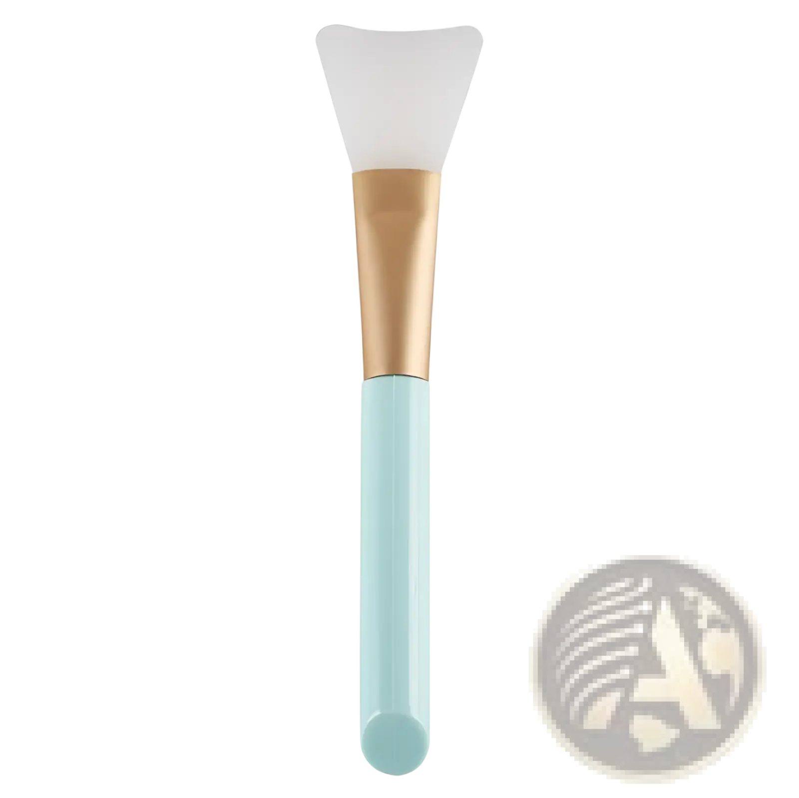 A mint green and gold facial mask applicator with a soft translucent silicone head from fan makeup brush set iridescent gradient handle 3pc