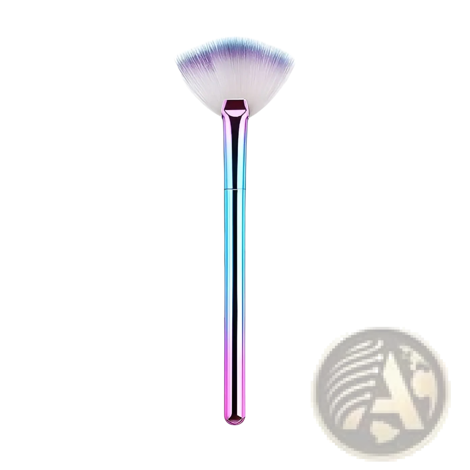 A sleek fan makeup brush set with iridescent gradient handles and soft white bristles tipped in purple and blue