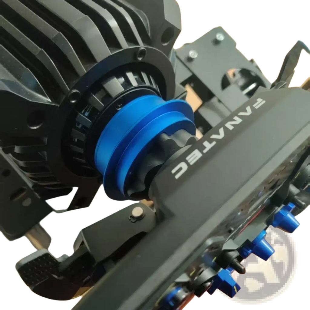 Fanatec qr2 quick release hub adapter racing wheel with black and blue ribbed grip, metallic accents, and adjustable knobs
