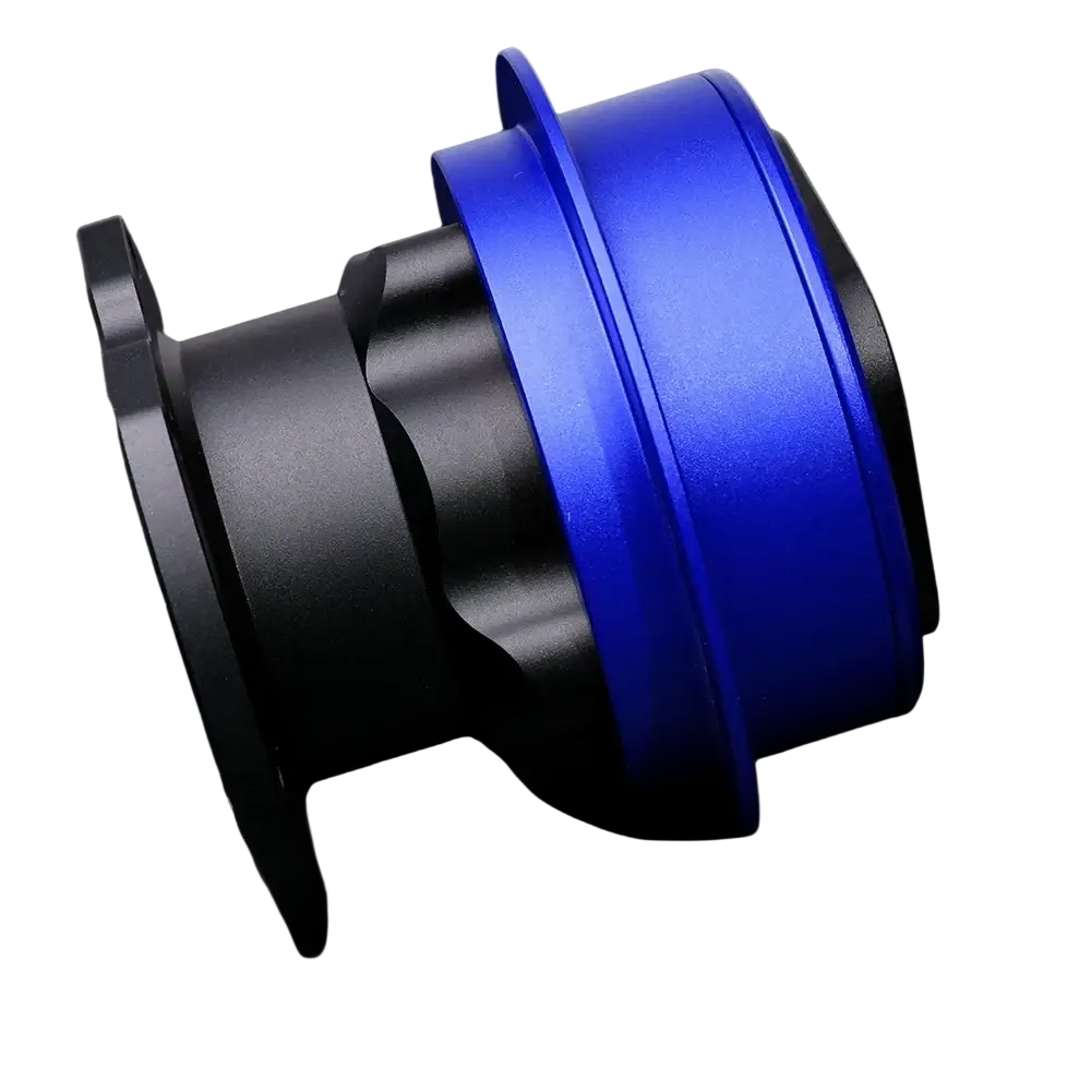 Fanatec qr2 quick release hub adapter in blue and black anodized aluminum for motorcycle exhaust pipe connection
